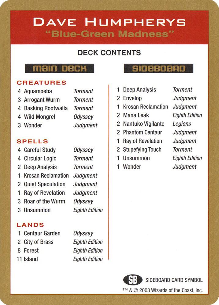 2003 Dave Humpherys Decklist Card card image