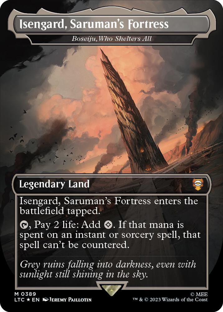 Isengard, Saruman's Fortress - Boseiju, Who Shelters All (Borderless) (Surge Foil) card image