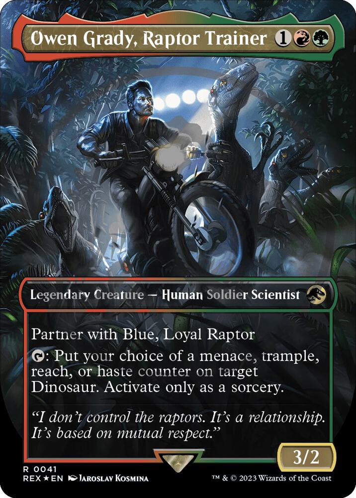 Owen Grady, Raptor Trainer (Borderless) (Emblem) card image