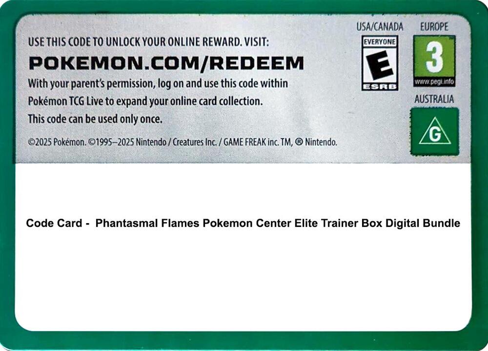 Code Card -  Phantasmal Flames Pokemon Center Elite Trainer Box Digital Bundle card image